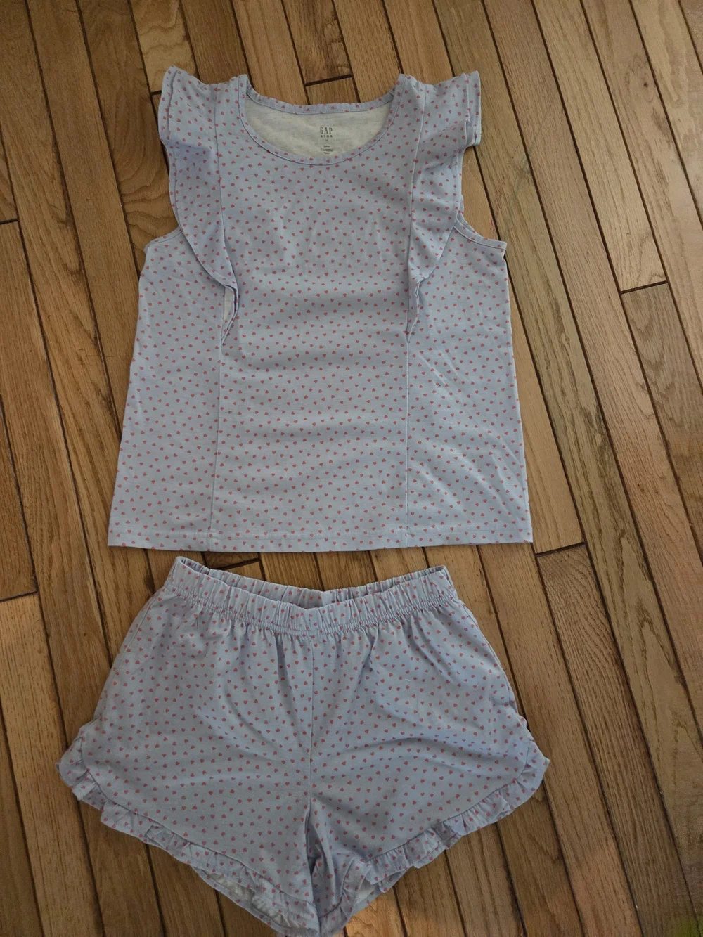 GAP Light Blue Pajama Set with Pink Dot Print - Ruffle Sleeves & Shorts
